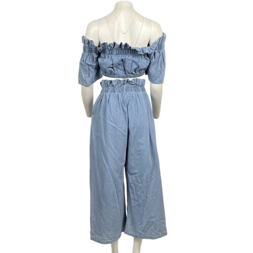 NWT Light Denim Ruffle Crop Top Pants Set Medium - Picture 4 of 6